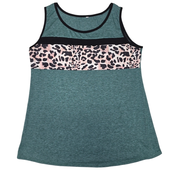 Green Sleeveless T-Shirt with Cheetah Print Design Casual Shirt Athletic Top - Picture 1 of 4